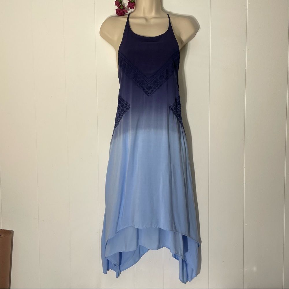 ALYA blue purple Ombre Summer Dress Tiered Shark Bite Embroidery Racerback, M